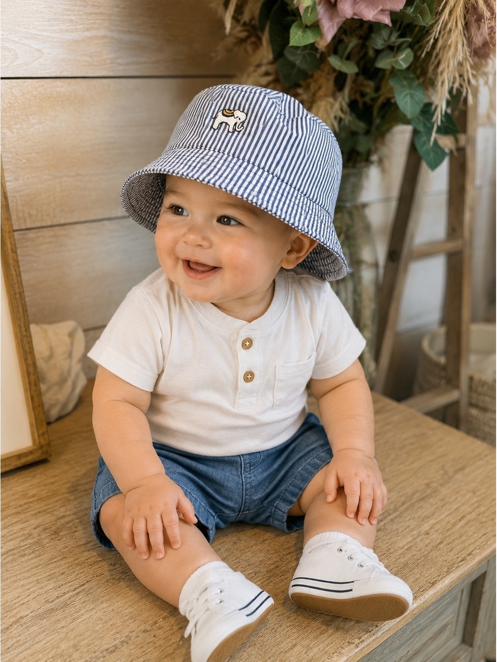 Janie and Jack Baby Bucket Hat, Navy and White Striped, 6 to 12 Months